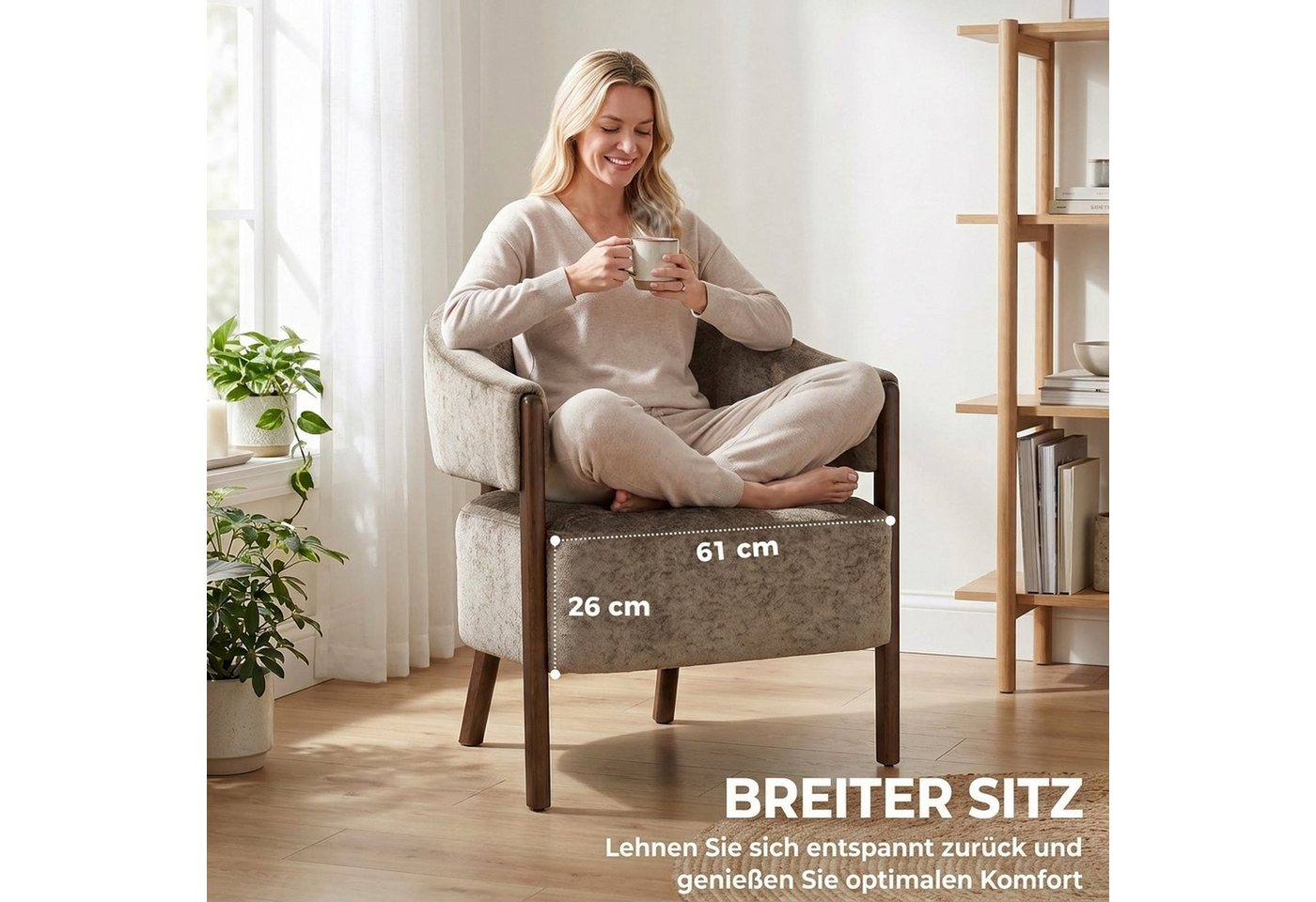HOMCOM Relaxsessel Loungesessel, Polsterstuhl, für Wohnzimmer, Hellbraun (Schminkstuhl, 1-St., Armlehnstuhl), Eleganter Chenille-Stoff, Massivholzbeine – Bild 4 von 5