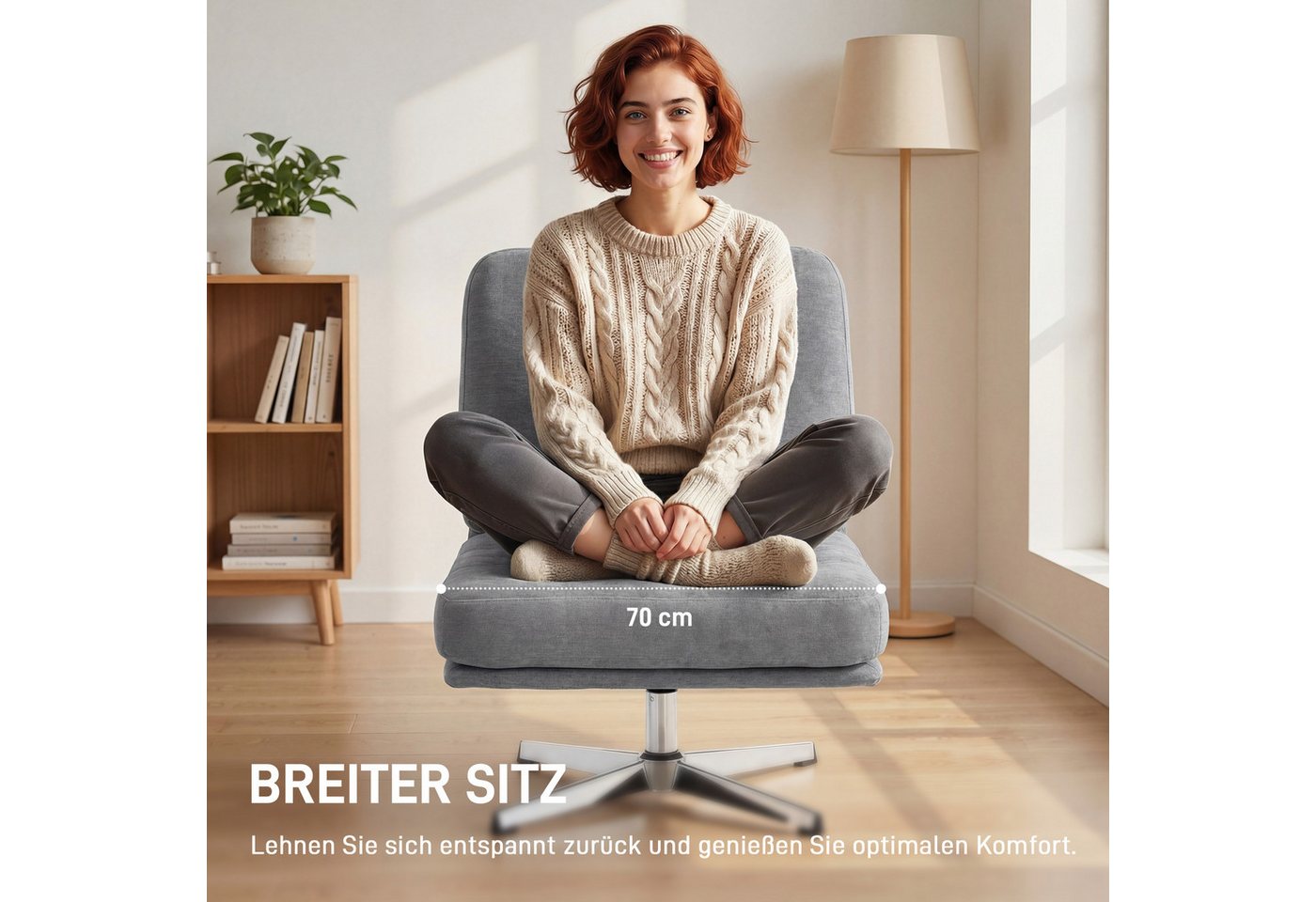 HOMCOM Relaxsessel Loungesessel Chenille-Optik, Schneidersitz, gepolstert Lesesessel (Moderner Polsterstuhl, 1-St., Sessel), 360° drehbar, extra breiter Sitz – Bild 4 von 5