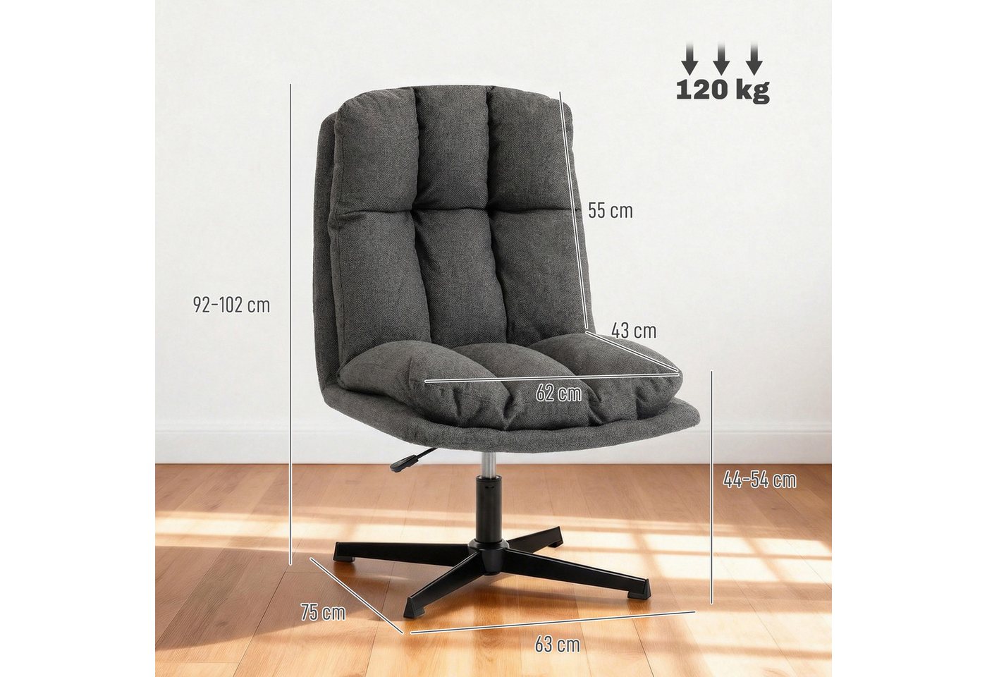 HOMCOM Relaxsessel Loungesessel, Lesesessel mit Schneidersitz, Leinenoptik, Dunkelgrau (Drehsessel, 1-St., Gepolsterter Polsterstuhl), Breiter Sitz, höhenverste – Bild 3 von 5