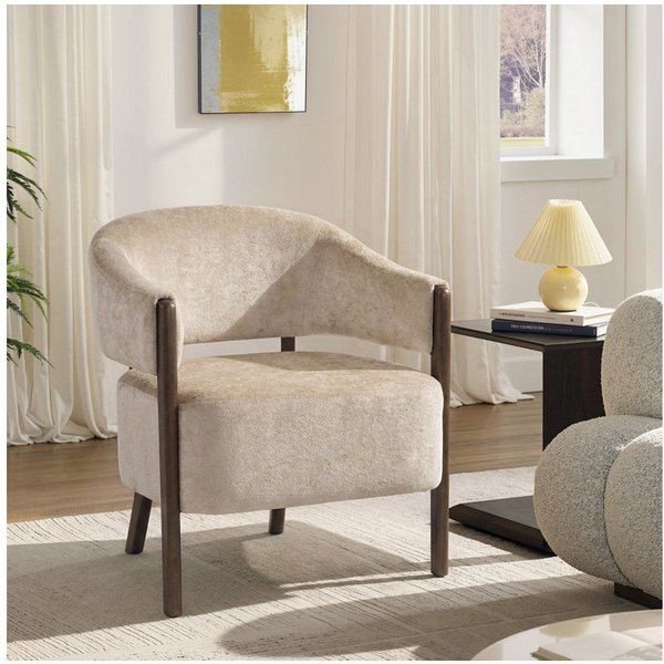HOMCOM Relaxsessel Loungesessel, Polsterstuhl, für Wohnzimmer, Beige (Schminkstuhl, 1-St., Armlehnstuhl), Eleganter Chenille-Stoff, Massivholzbeine