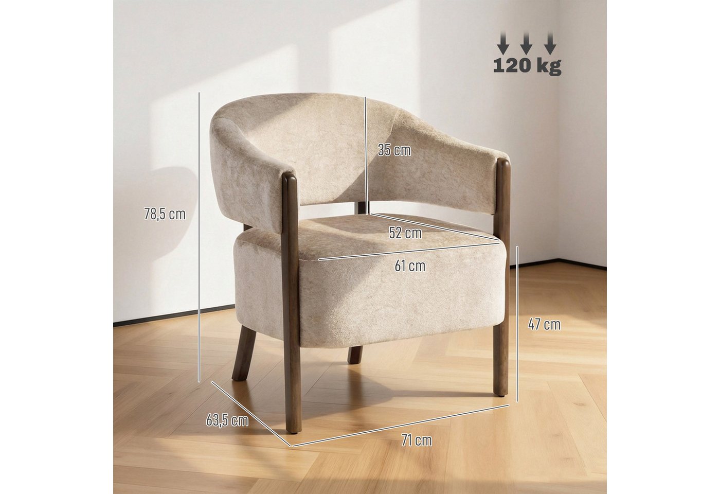 HOMCOM Relaxsessel Loungesessel, Polsterstuhl, für Wohnzimmer, Beige (Schminkstuhl, 1-St., Armlehnstuhl), Eleganter Chenille-Stoff, Massivholzbeine – Bild 3 von 5