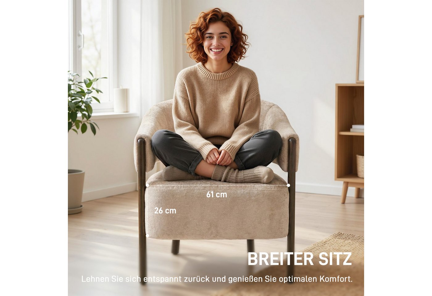 HOMCOM Relaxsessel Loungesessel, Polsterstuhl, für Wohnzimmer, Beige (Schminkstuhl, 1-St., Armlehnstuhl), Eleganter Chenille-Stoff, Massivholzbeine – Bild 4 von 5