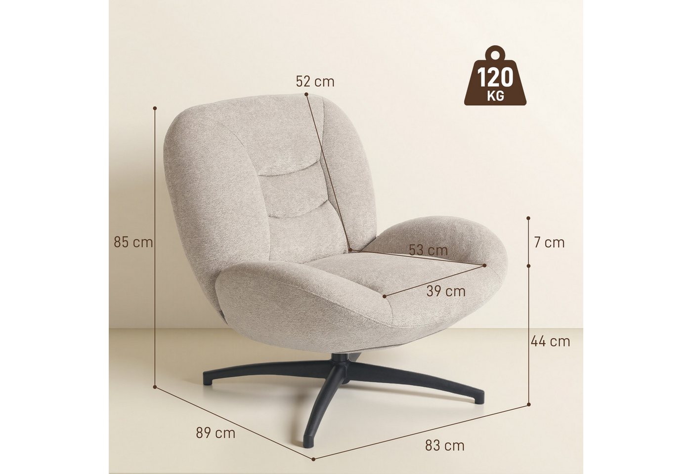HOMCOM Relaxsessel Loungesessel mit breiter Sitzfläche, Chenille-Optik (Set, 1-St., 1), 360° Drehfunktion – Bild 3 von 5