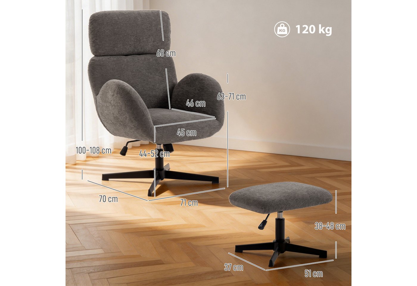 HOMCOM Relaxsessel Relaxsessel Loungesessel mit Samtoptik, verstellbarer Kopfstütze (Set, 2-St., bestehend aus Sessel und Hocker), 360° drehbar, höhenverstellba – Bild 3 von 5