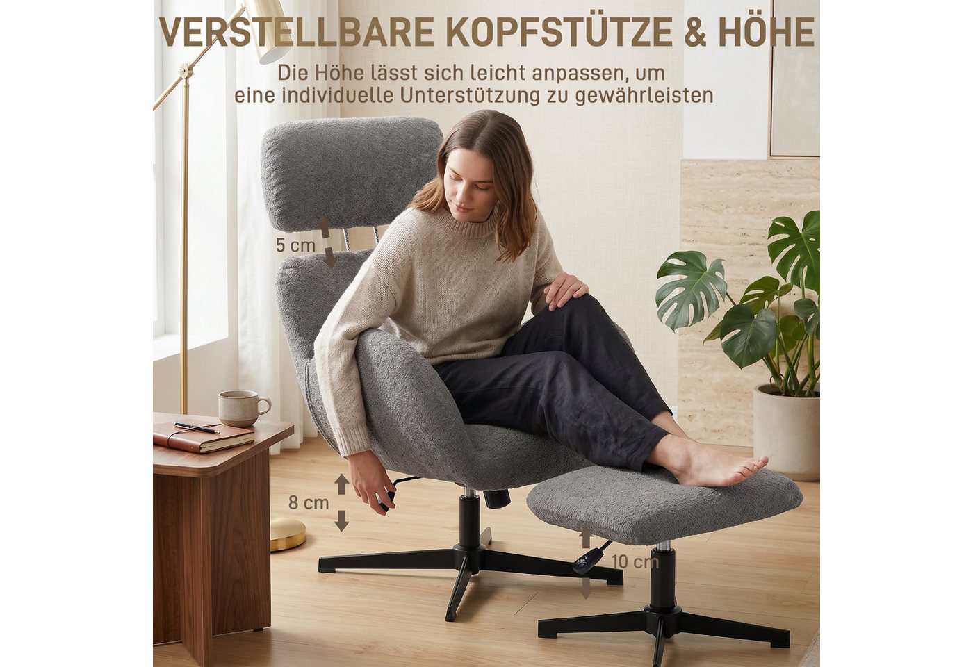 HOMCOM Relaxsessel Relaxsessel Loungesessel mit Samtoptik, verstellbarer Kopfstütze (Set, 2-St., bestehend aus Sessel und Hocker), 360° drehbar, höhenverstellba – Bild 4 von 5