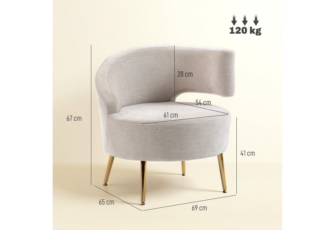 HOMCOM Relaxsessel Loungesessel Sessel mit Chenille-Optik, Goldenen Stahlbeinen (Set, 1-St., 1), Sitz extra dick, schräge Rückenlehne – Bild 3 von 5