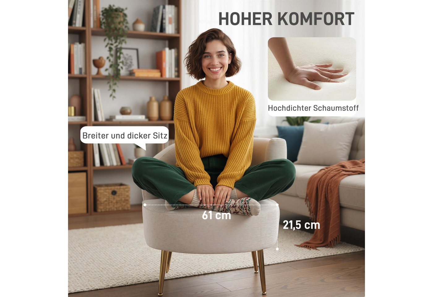 HOMCOM Relaxsessel Loungesessel Sessel mit Chenille-Optik, Goldenen Stahlbeinen (Set, 1-St., 1), Sitz extra dick, schräge Rückenlehne – Bild 4 von 5
