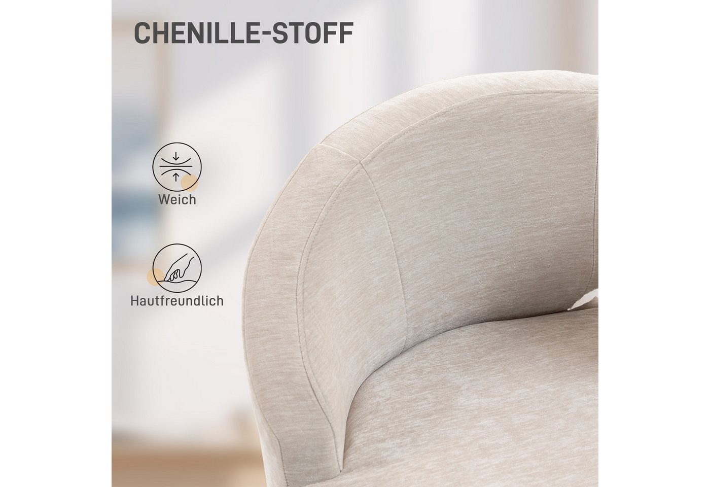 HOMCOM Relaxsessel Loungesessel Sessel mit Chenille-Optik, Goldenen Stahlbeinen (Set, 1-St., 1), Sitz extra dick, schräge Rückenlehne – Bild 5 von 5