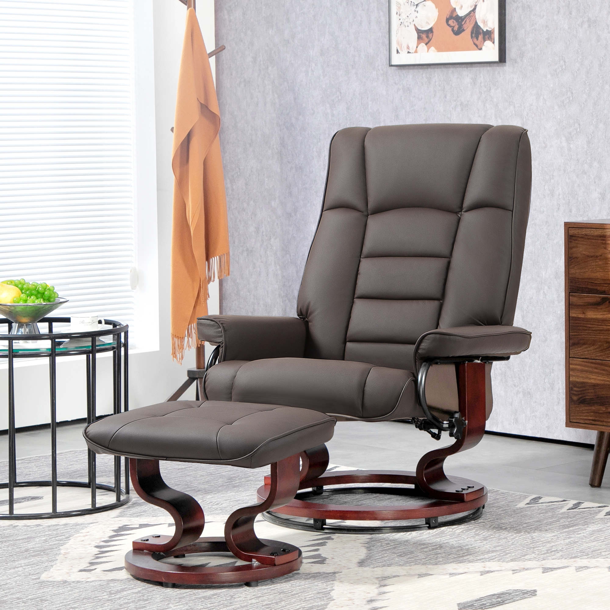 HOMCOM Relaxsessel mit Hocker, Drehbar Fernsehsessel mit Liegefunktion, TV-Sessel mit Holzrahmen, bis 150 kg Belatbar, für Wohnzimmer, Kunstleder, Braun Aosom – Bild 2 von 2