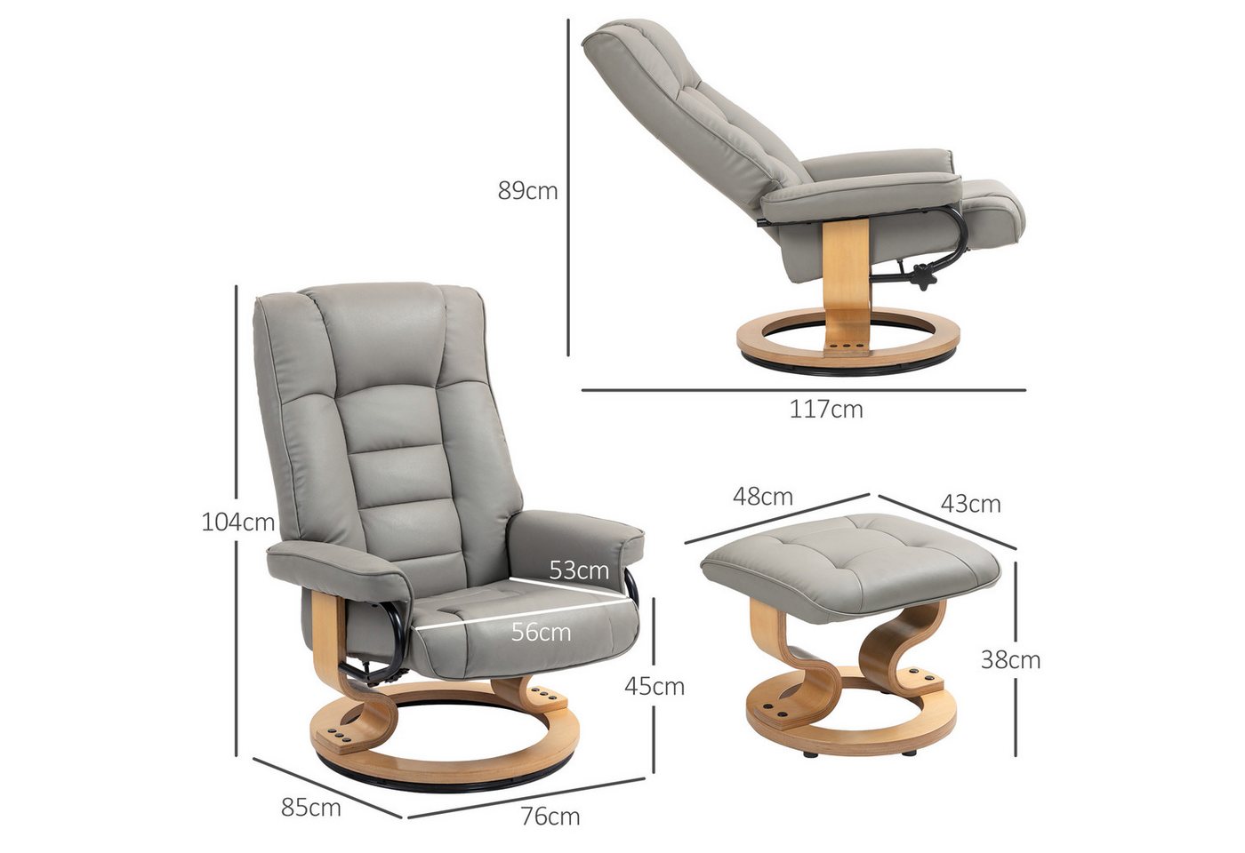 HOMCOM Relaxsessel Relaxsessel mit Hocker, 360°drehbarer Wohnzimmersessel (Set, 2-St., bestehend aus Sessel und Hocker), Rückenlehne verstellbar bis 130°, 360°  – Bild 3 von 5