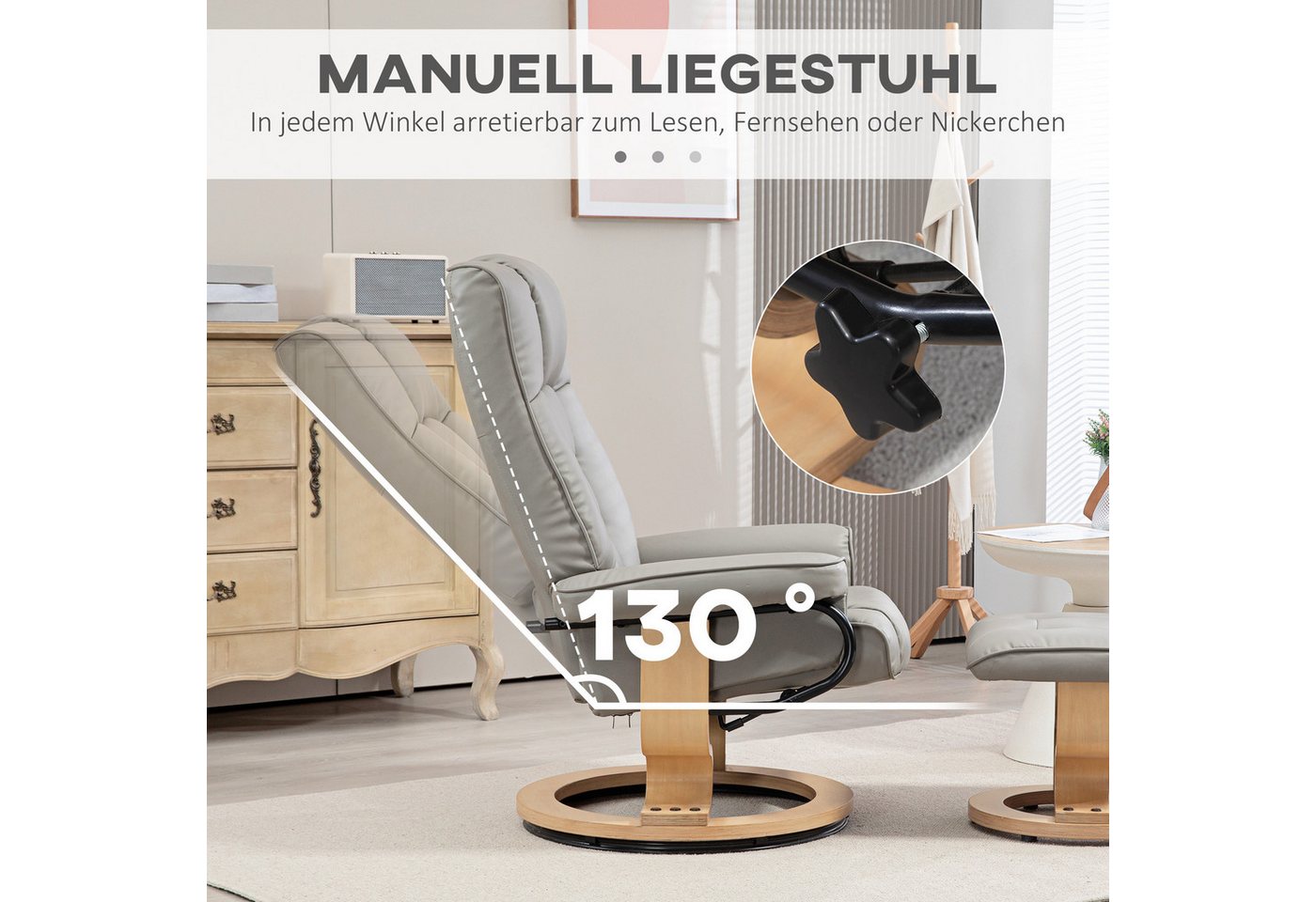 HOMCOM Relaxsessel Relaxsessel mit Hocker, 360°drehbarer Wohnzimmersessel (Set, 2-St., bestehend aus Sessel und Hocker), Rückenlehne verstellbar bis 130°, 360°  – Bild 4 von 5