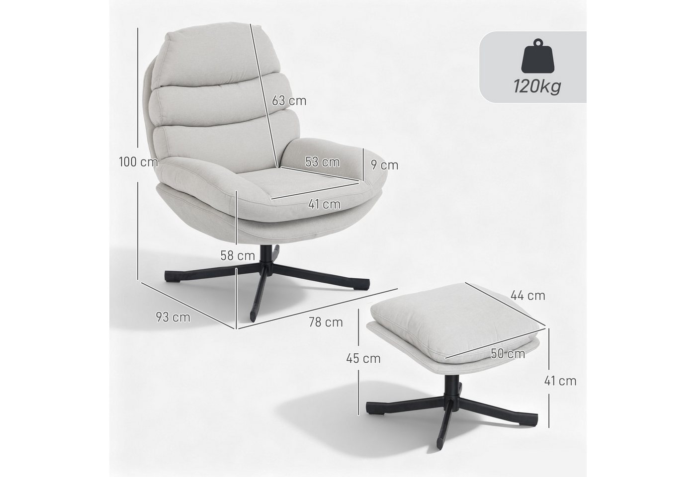 HOMCOM Relaxsessel Relaxsessel mit Hocker Sessel mit Chenille-Optik Drehbar (Modern Fernsehsessel, 2-St., Loungesessel mit Hocker), für Wohnzimmer, Schlafzimmer – Bild 3 von 5