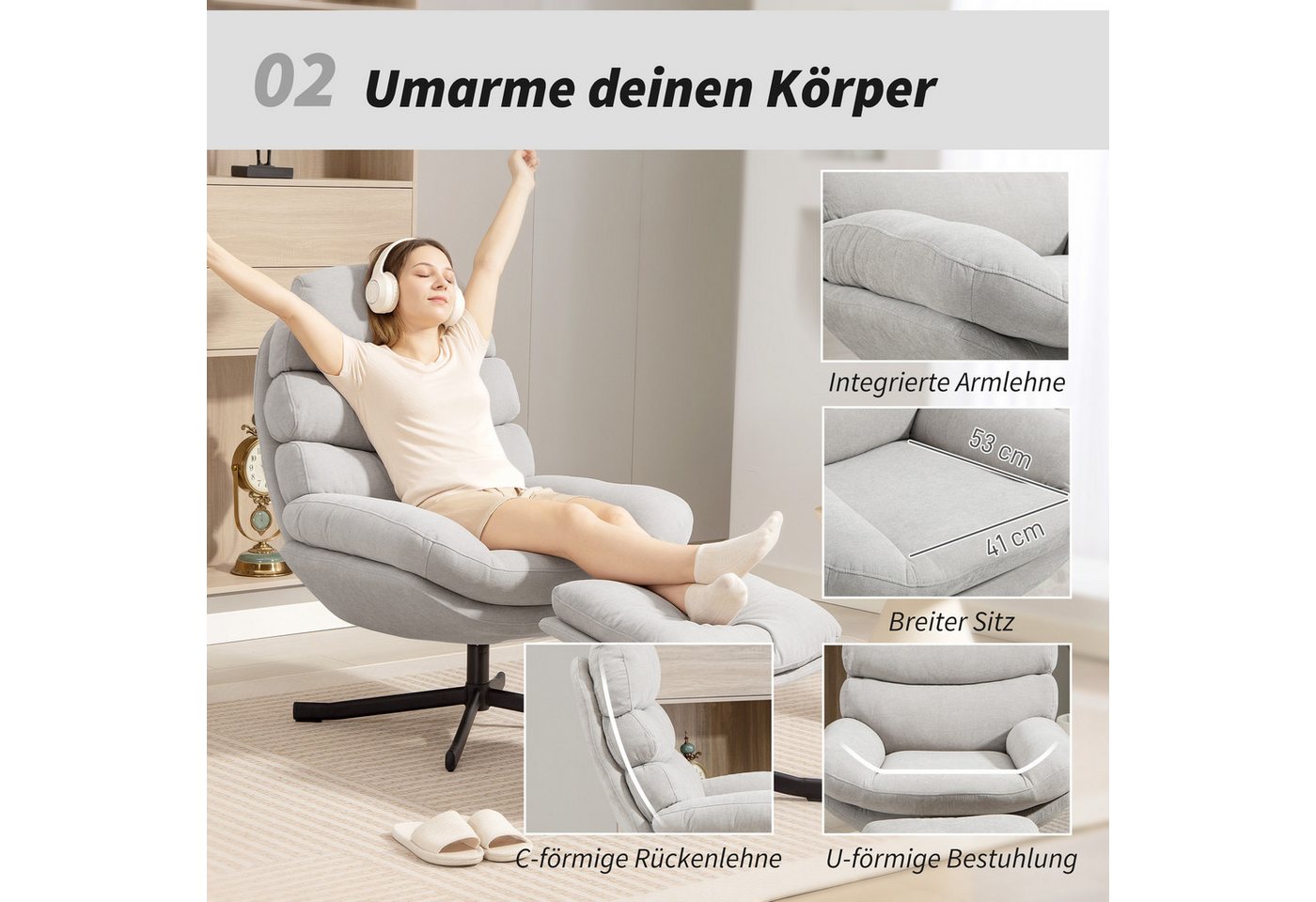 HOMCOM Relaxsessel Relaxsessel mit Hocker Sessel mit Chenille-Optik Drehbar (Modern Fernsehsessel, 2-St., Loungesessel mit Hocker), für Wohnzimmer, Schlafzimmer – Bild 5 von 5