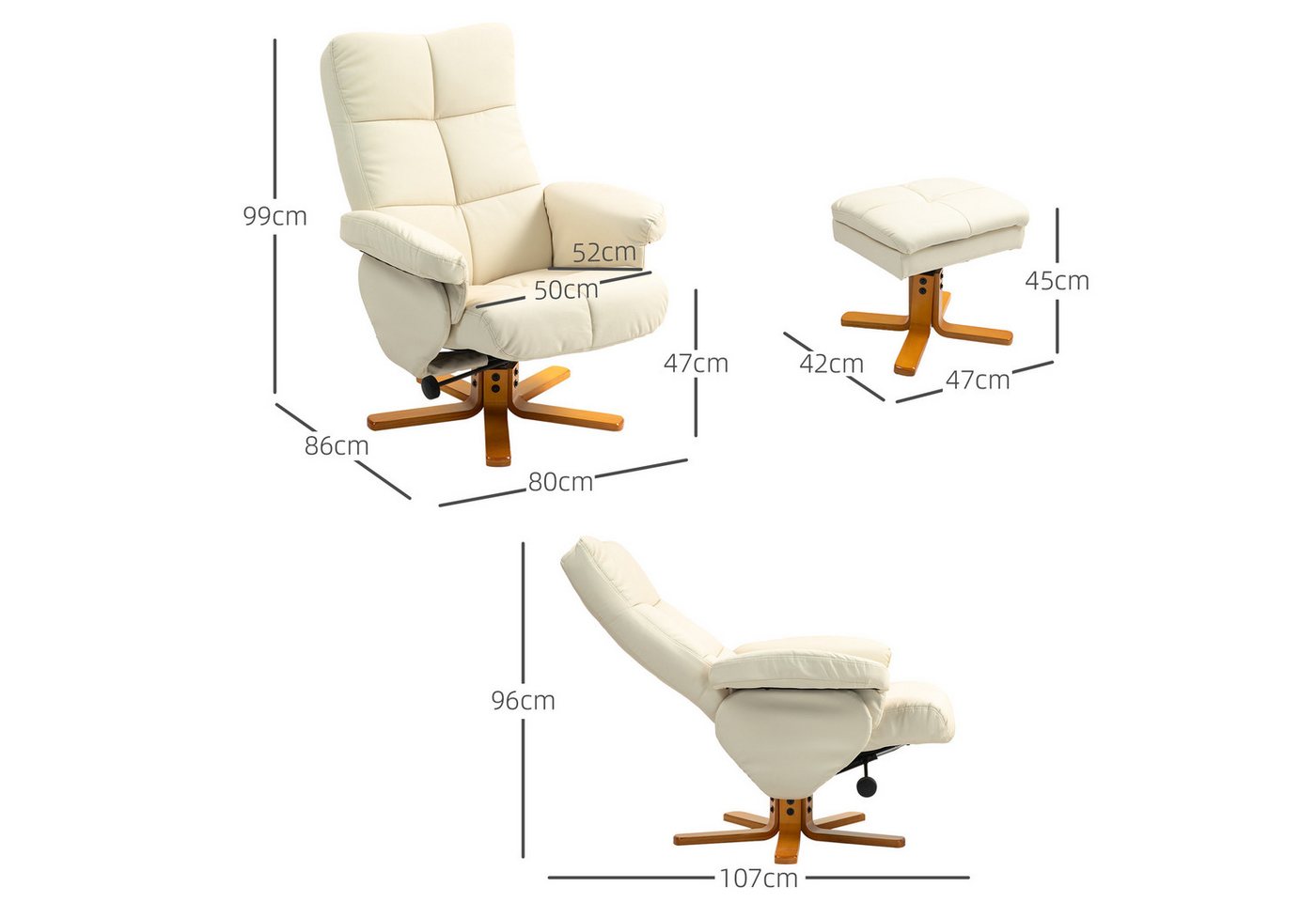 HOMCOM Relaxsessel mit Hocker und Stauraum, mit Liegefunktion (Fernsehsessel, 2-St., 360° drehbarer Sessel), Kunstleder Holzgestell Cremeweiß 80 x 86 x 99cm – Bild 3 von 5