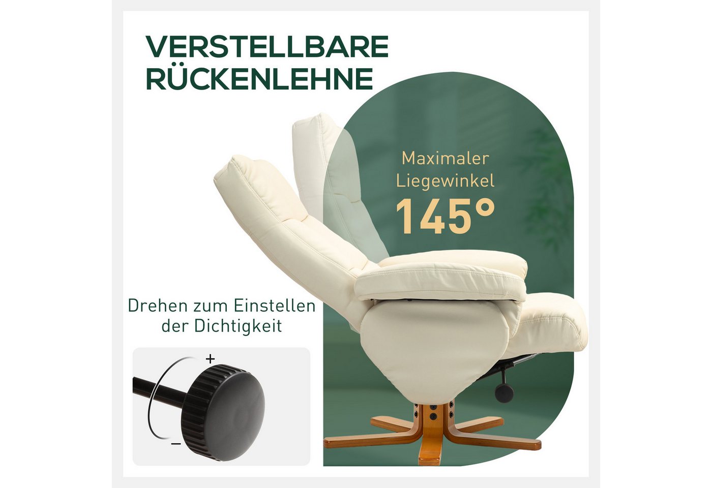 HOMCOM Relaxsessel mit Hocker und Stauraum, mit Liegefunktion (Fernsehsessel, 2-St., 360° drehbarer Sessel), Kunstleder Holzgestell Cremeweiß 80 x 86 x 99cm – Bild 4 von 5