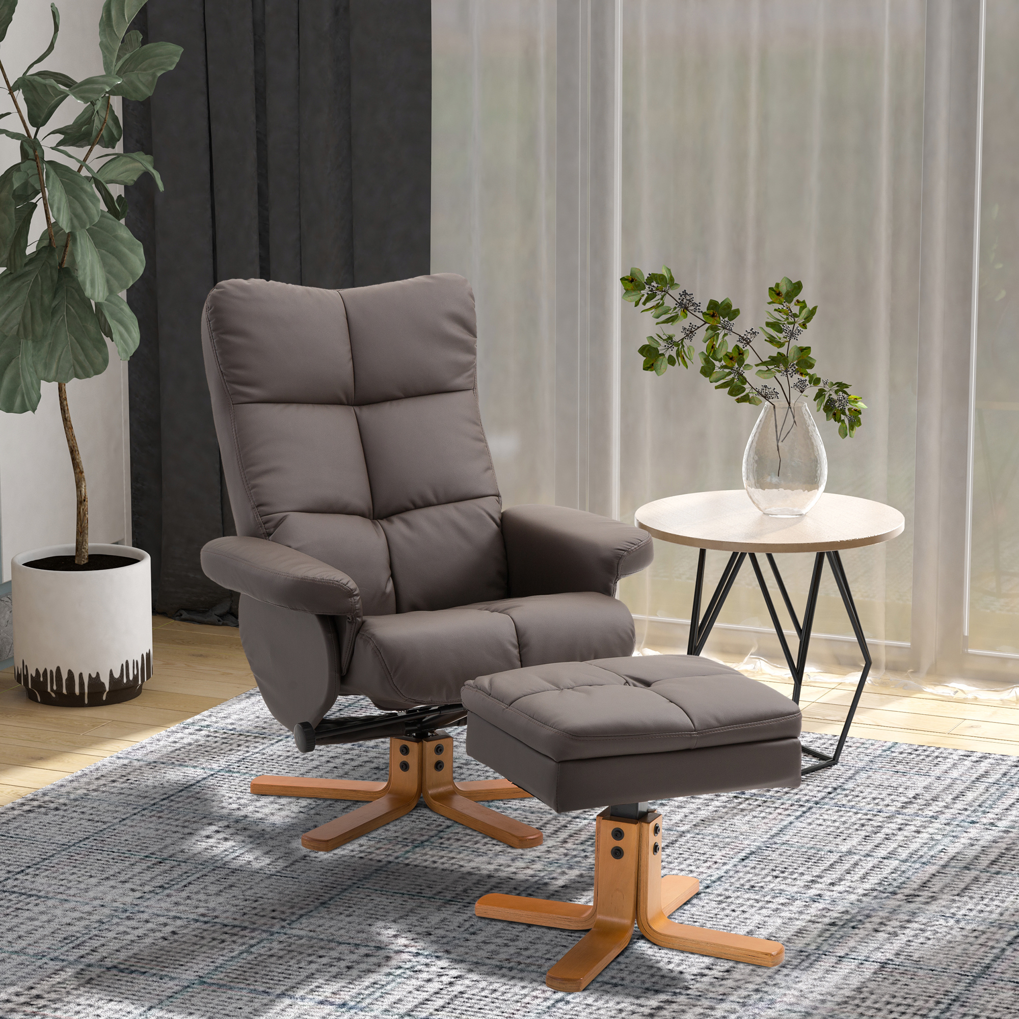 HOMCOM Relaxsessel mit Hocker und Stauraum, Fernsehsessel mit Liegefunktion, 360° drehbar, PU Holzgestell, Braun 80x86x99cm für Komfort & Entspannung Aosom.de – Bild 2 von 2