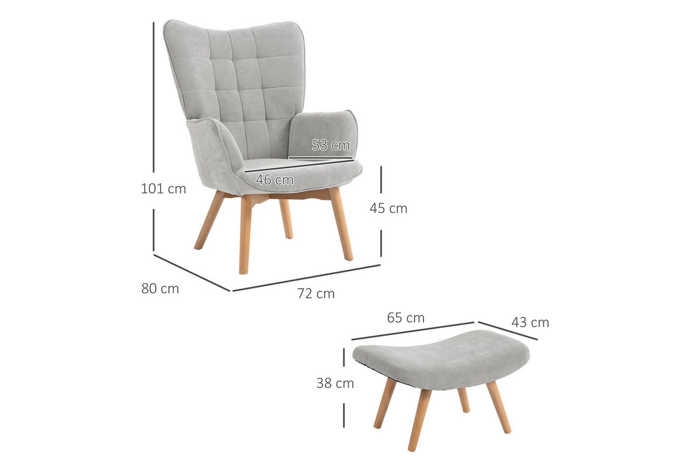 HOMCOM Relaxsessel Ohrensessel, Modern Armlehnensessel, Lesesessel, Schlafzimmer (Sessel mit Hocker, 2-St., Loungesessel), mit getuftetem Design, Cord-Optik, fü – Bild 3 von 5