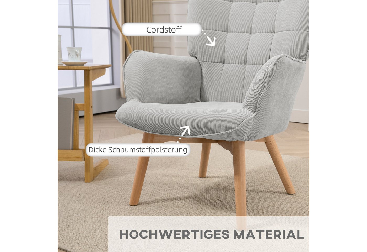 HOMCOM Relaxsessel Ohrensessel, Modern Armlehnensessel, Lesesessel, Schlafzimmer (Sessel mit Hocker, 2-St., Loungesessel), mit getuftetem Design, Cord-Optik, fü – Bild 4 von 5