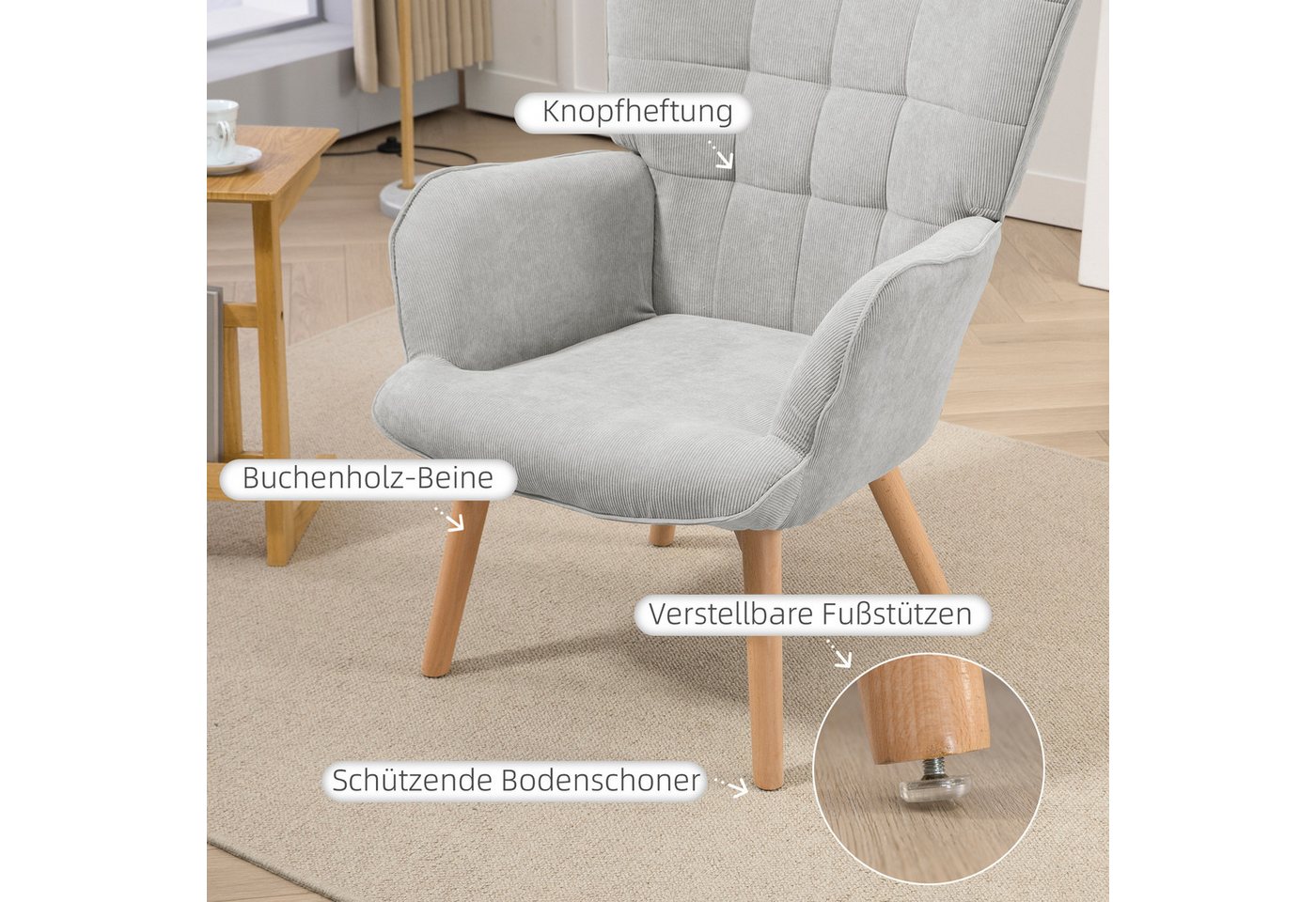 HOMCOM Relaxsessel Ohrensessel, Modern Armlehnensessel, Lesesessel, Schlafzimmer (Sessel mit Hocker, 2-St., Loungesessel), mit getuftetem Design, Cord-Optik, fü – Bild 5 von 5