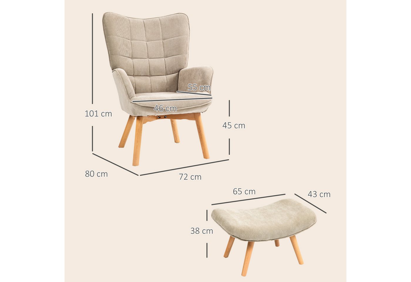 HOMCOM Relaxsessel Ohrensessel, Modern Armlehnensessel, Lesesessel, Schlafzimmer (Loungesessel, 2-St., Armlehnstuhl), für Wohnzimmer, Khaki – Bild 3 von 5