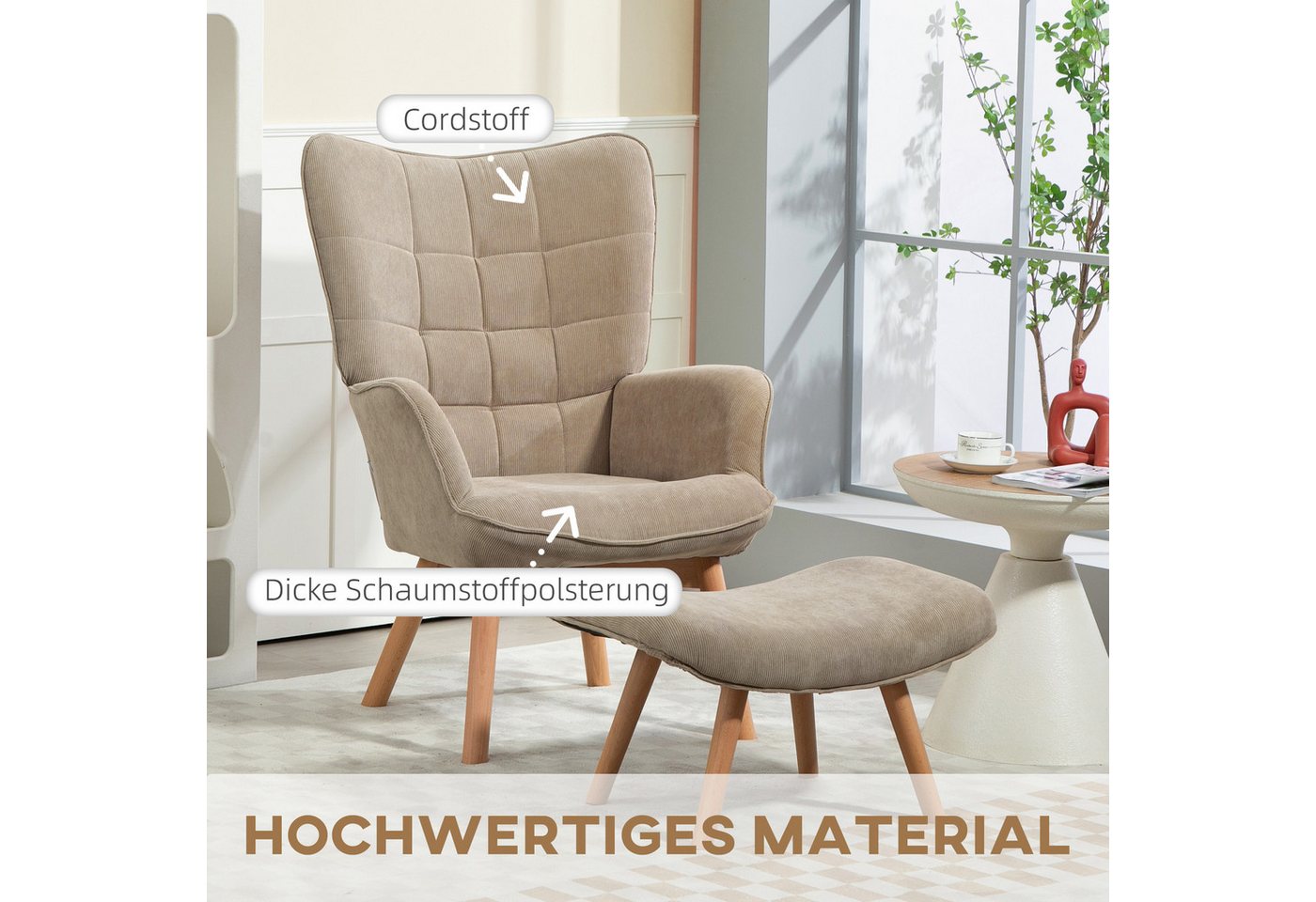 HOMCOM Relaxsessel Ohrensessel, Modern Armlehnensessel, Lesesessel, Schlafzimmer (Loungesessel, 2-St., Armlehnstuhl), für Wohnzimmer, Khaki – Bild 4 von 5