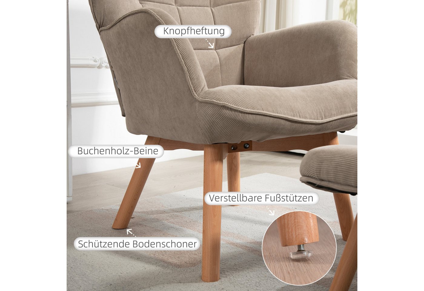 HOMCOM Relaxsessel Ohrensessel, Modern Armlehnensessel, Lesesessel, Schlafzimmer (Loungesessel, 2-St., Armlehnstuhl), für Wohnzimmer, Khaki – Bild 5 von 5