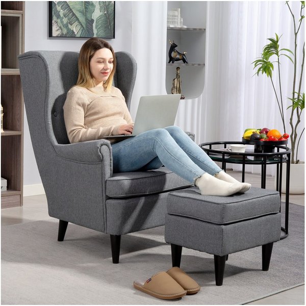 HOMCOM Relaxsessel Ohrensessel, Sessel mit Leinenoptik, Lendenkissen, Loungesessel (Polstersessel mit hoher Rückenlehne aus Stoff, 2-St., TV-Sessel für Schlafzi