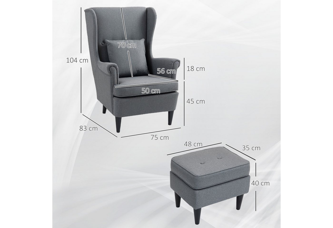 HOMCOM Relaxsessel Ohrensessel, Sessel mit Leinenoptik, Lendenkissen, Loungesessel (Polstersessel mit hoher Rückenlehne aus Stoff, 2-St., TV-Sessel für Schlafzi – Bild 3 von 5