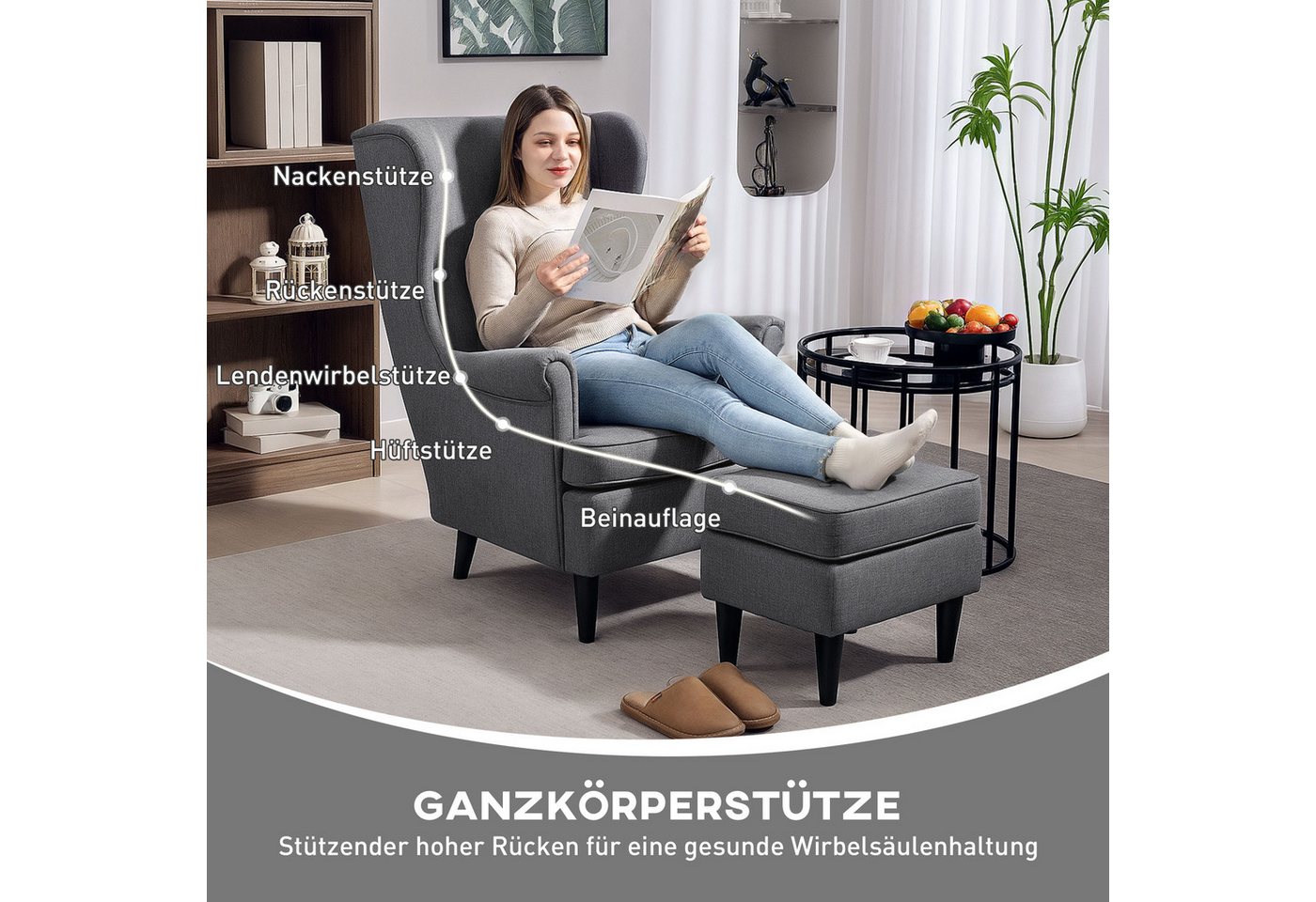 HOMCOM Relaxsessel Ohrensessel, Sessel mit Leinenoptik, Lendenkissen, Loungesessel (Polstersessel mit hoher Rückenlehne aus Stoff, 2-St., TV-Sessel für Schlafzi – Bild 4 von 5