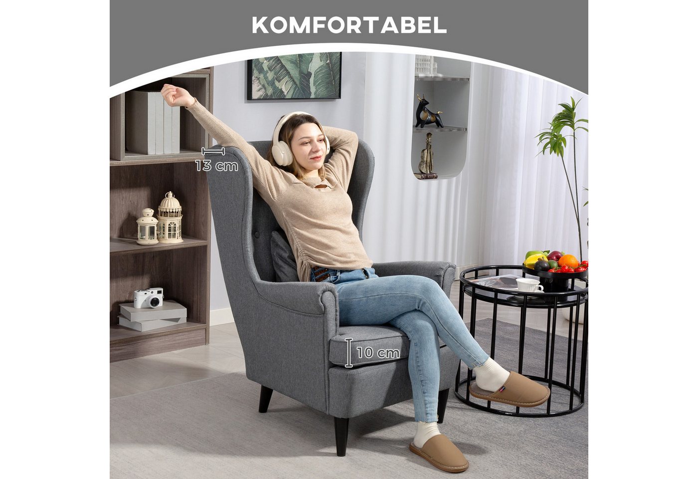 HOMCOM Relaxsessel Ohrensessel, Sessel mit Leinenoptik, Lendenkissen, Loungesessel (Polstersessel mit hoher Rückenlehne aus Stoff, 2-St., TV-Sessel für Schlafzi – Bild 5 von 5