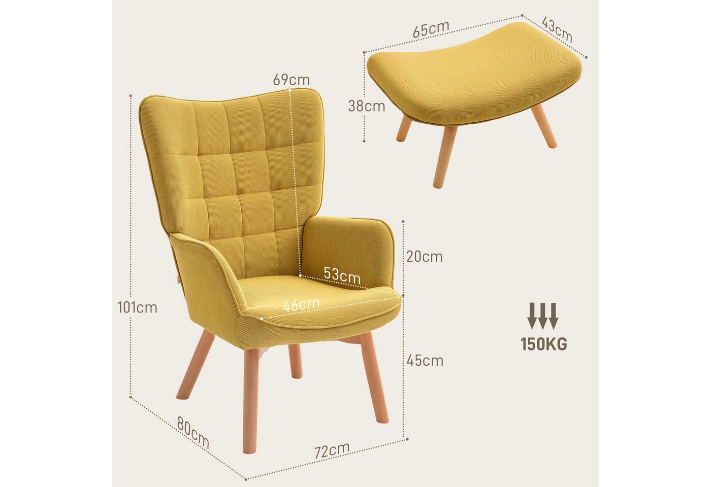HOMCOM Relaxsessel Ohrensessel, Modern Armlehnensessel, Lesesessel, Schlafzimmer (Ohrensessel, 2-St., Polstersessel), für Wohnzimmer, Orange – Bild 3 von 5