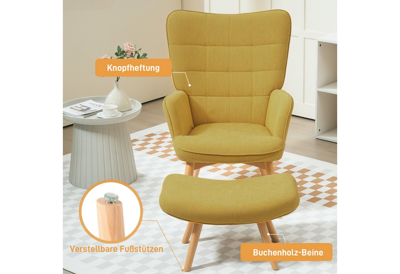 HOMCOM Relaxsessel Ohrensessel, Modern Armlehnensessel, Lesesessel, Schlafzimmer (Ohrensessel, 2-St., Polstersessel), für Wohnzimmer, Orange – Bild 5 von 5