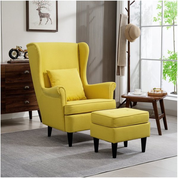HOMCOM Relaxsessel Ohrensessel, Sessel mit Leinenoptik, Lendenkissen, Loungesessel (Set, 2-St., bestehend aus Sessel und Hocker), für Wohnzimmer Schlafzimmer Ge