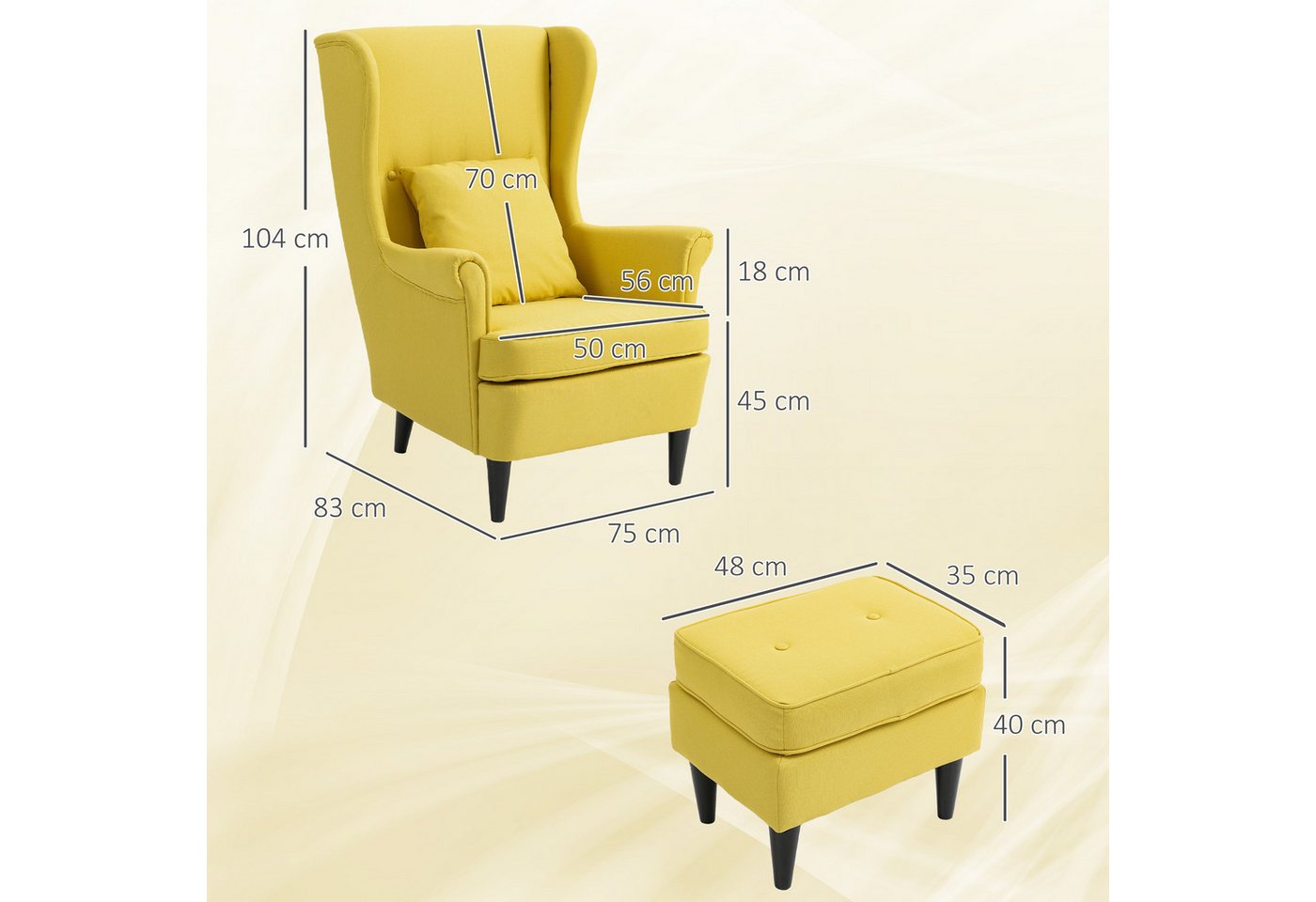 HOMCOM Relaxsessel Ohrensessel, Sessel mit Leinenoptik, Lendenkissen, Loungesessel (Set, 2-St., bestehend aus Sessel und Hocker), für Wohnzimmer Schlafzimmer Ge – Bild 3 von 5