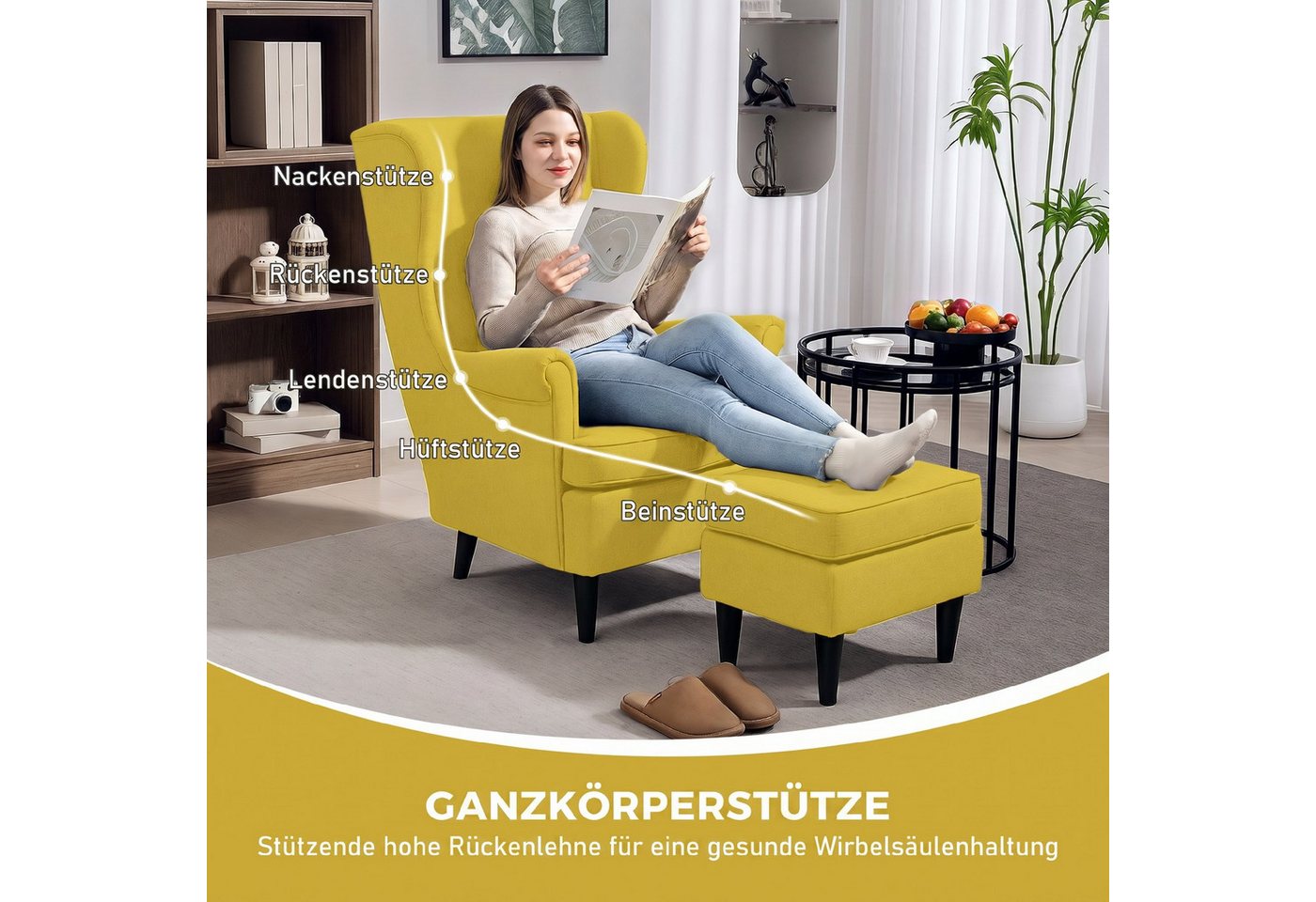 HOMCOM Relaxsessel Ohrensessel, Sessel mit Leinenoptik, Lendenkissen, Loungesessel (Set, 2-St., bestehend aus Sessel und Hocker), für Wohnzimmer Schlafzimmer Ge – Bild 4 von 5