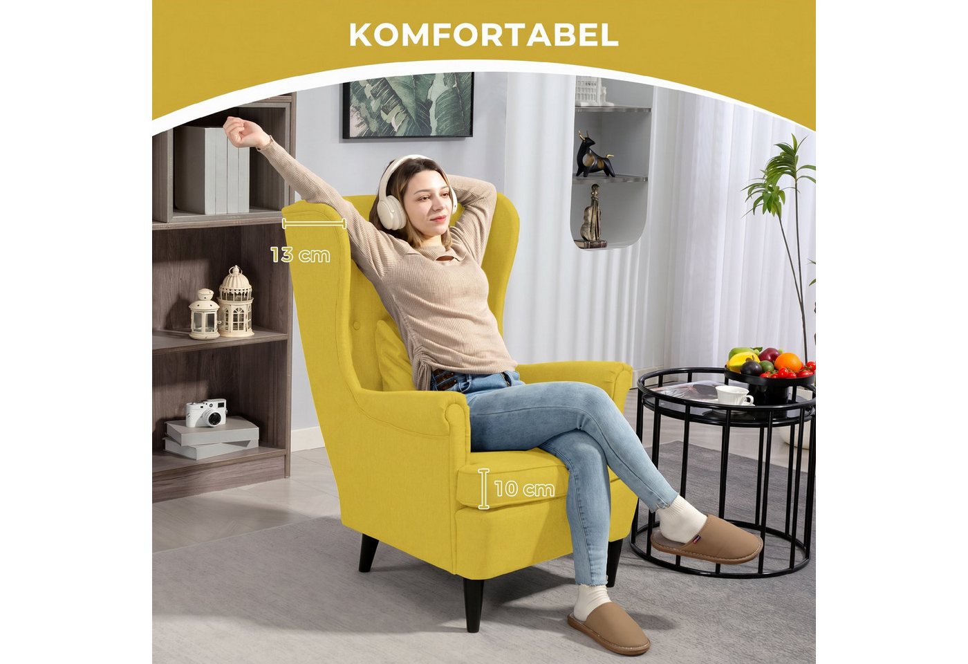 HOMCOM Relaxsessel Ohrensessel, Sessel mit Leinenoptik, Lendenkissen, Loungesessel (Set, 2-St., bestehend aus Sessel und Hocker), für Wohnzimmer Schlafzimmer Ge – Bild 5 von 5
