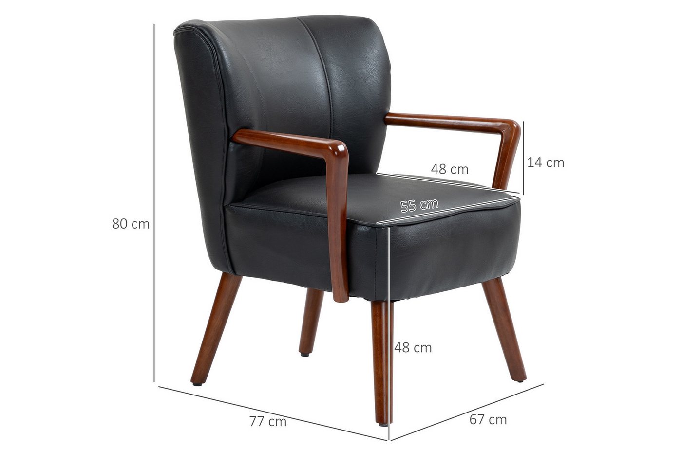 HOMCOM Relaxsessel Polsterstuhl, mit Armlehnen, Holzbeine, Loungesessel Armlehnstuhl (Relaxstuhl, 1-St., Akzentstuhl), für Wohnzimmer, Schlafzimmer, Kunstleder, – Bild 3 von 5