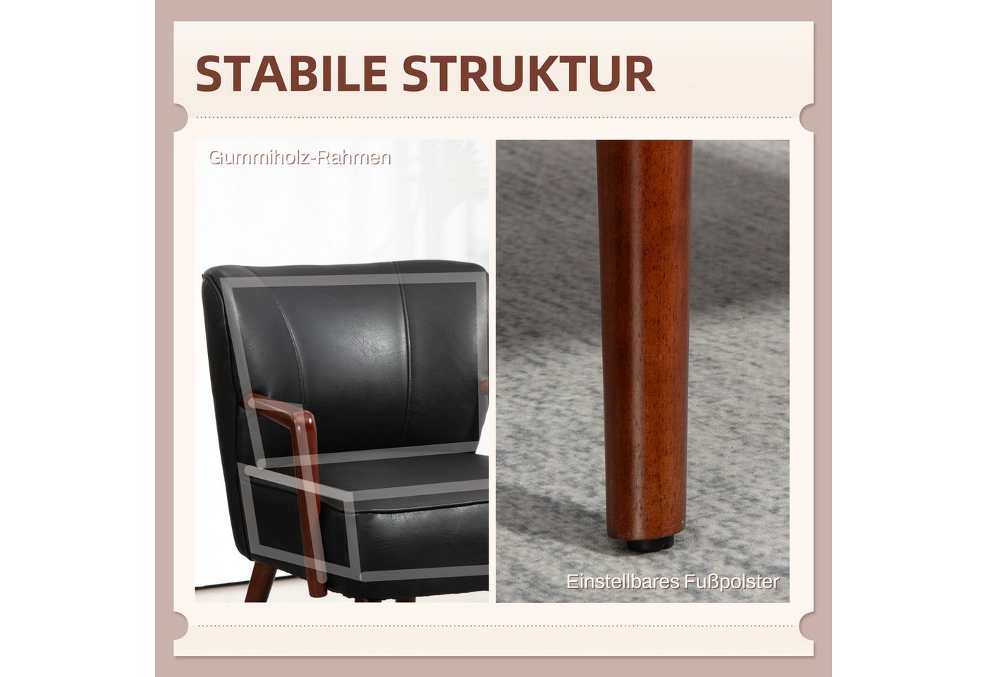 HOMCOM Relaxsessel Polsterstuhl, mit Armlehnen, Holzbeine, Loungesessel Armlehnstuhl (Relaxstuhl, 1-St., Akzentstuhl), für Wohnzimmer, Schlafzimmer, Kunstleder, – Bild 5 von 5