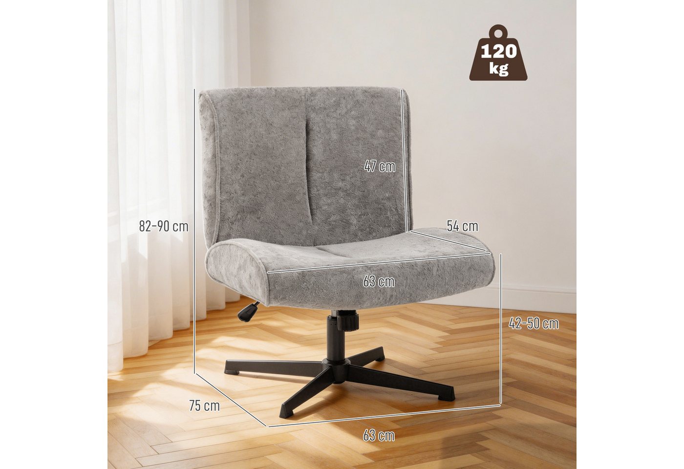 HOMCOM Relaxsessel Schneidersitz mit Samtoptik, Bürostuhl Ohne Armlehnen, Grau (Loungesessel, 1-St., Sessel), 360° Drehung, höhenverstellbar, breite Sitzfläche – Bild 3 von 5