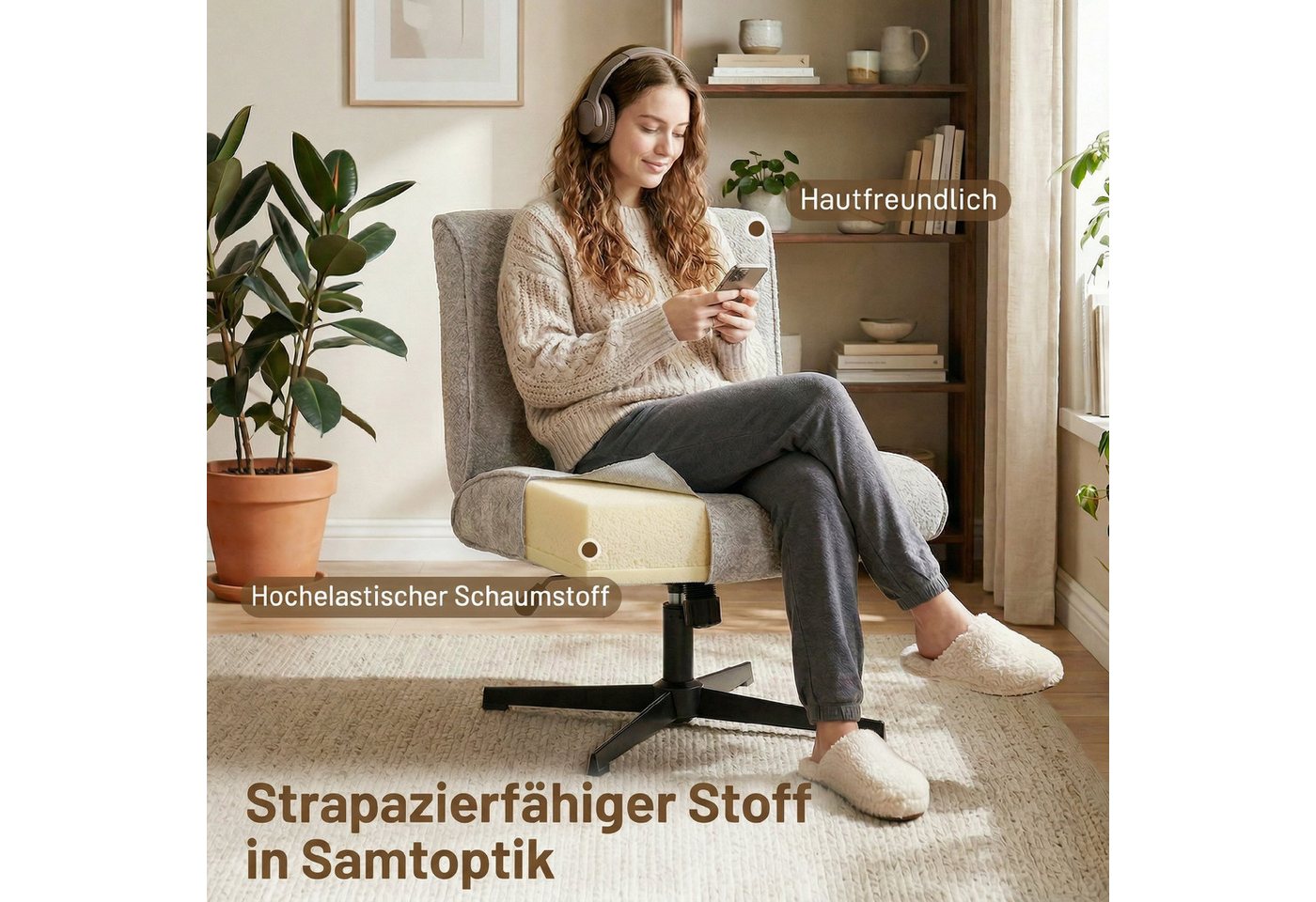 HOMCOM Relaxsessel Schneidersitz mit Samtoptik, Bürostuhl Ohne Armlehnen, Grau (Loungesessel, 1-St., Sessel), 360° Drehung, höhenverstellbar, breite Sitzfläche – Bild 4 von 5