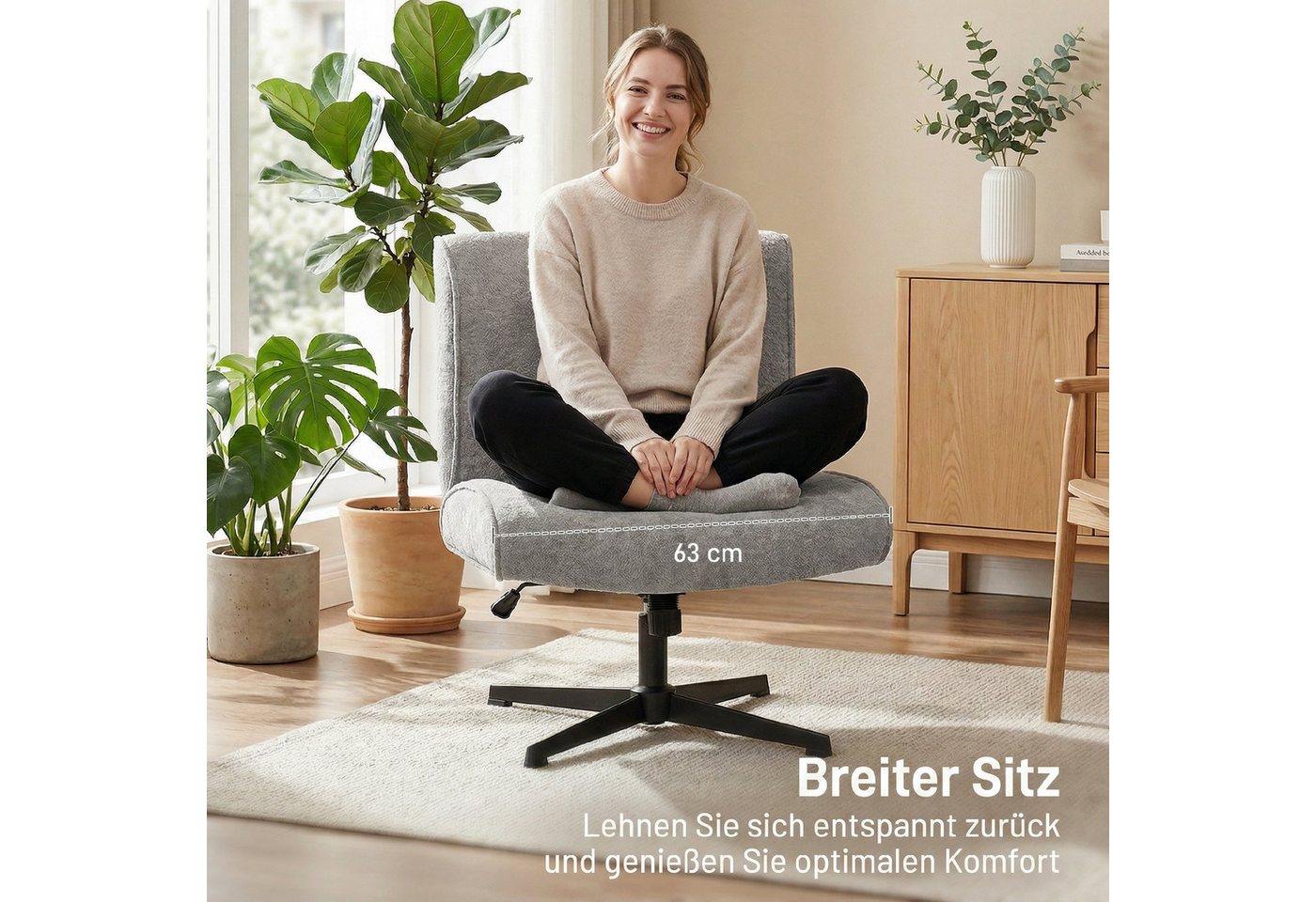 HOMCOM Relaxsessel Schneidersitz mit Samtoptik, Bürostuhl Ohne Armlehnen, Grau (Loungesessel, 1-St., Sessel), 360° Drehung, höhenverstellbar, breite Sitzfläche – Bild 5 von 5