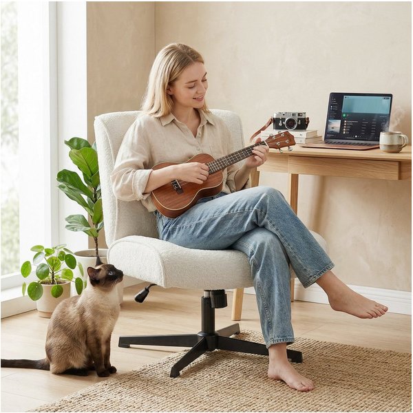 HOMCOM Relaxsessel Schneidersitz mit Samtoptik, Bürostuhl Ohne Armlehnen, cremeweiß (Loungesessel, 1-St., Sessel), 360° Drehung, höhenverstellbar, breite Sitzfl