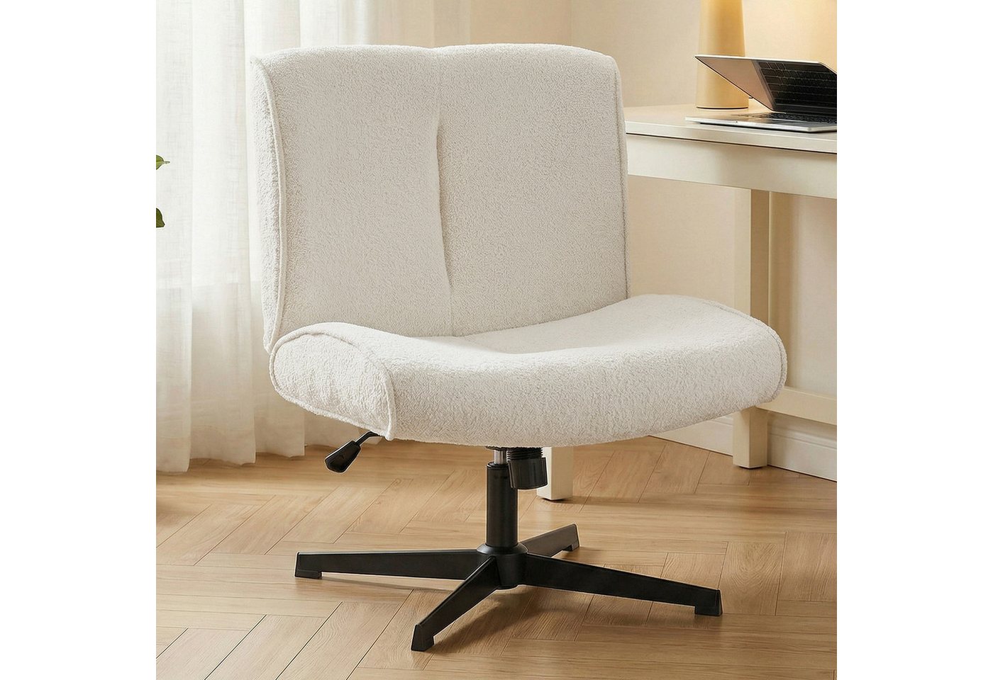 HOMCOM Relaxsessel Schneidersitz mit Samtoptik, Bürostuhl Ohne Armlehnen, cremeweiß (Loungesessel, 1-St., Sessel), 360° Drehung, höhenverstellbar, breite Sitzfl – Bild 2 von 5