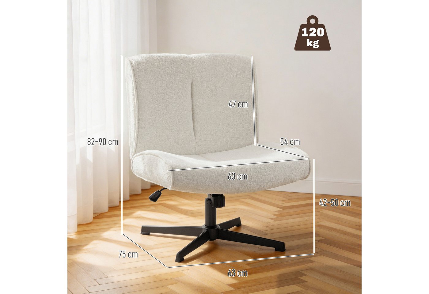 HOMCOM Relaxsessel Schneidersitz mit Samtoptik, Bürostuhl Ohne Armlehnen, cremeweiß (Loungesessel, 1-St., Sessel), 360° Drehung, höhenverstellbar, breite Sitzfl – Bild 3 von 5