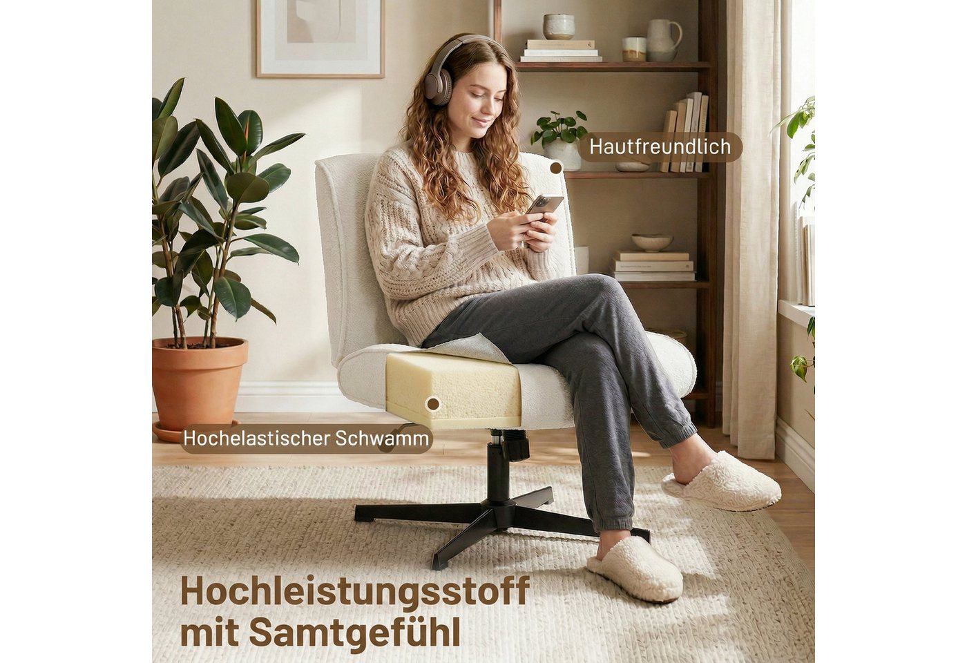 HOMCOM Relaxsessel Schneidersitz mit Samtoptik, Bürostuhl Ohne Armlehnen, cremeweiß (Loungesessel, 1-St., Sessel), 360° Drehung, höhenverstellbar, breite Sitzfl – Bild 4 von 5