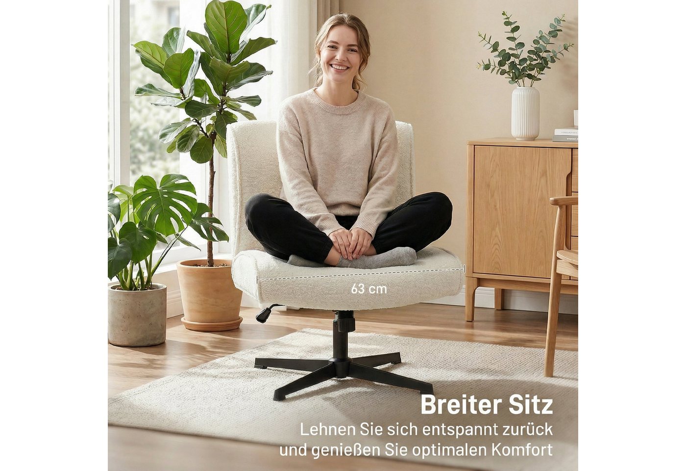 HOMCOM Relaxsessel Schneidersitz mit Samtoptik, Bürostuhl Ohne Armlehnen, cremeweiß (Loungesessel, 1-St., Sessel), 360° Drehung, höhenverstellbar, breite Sitzfl – Bild 5 von 5