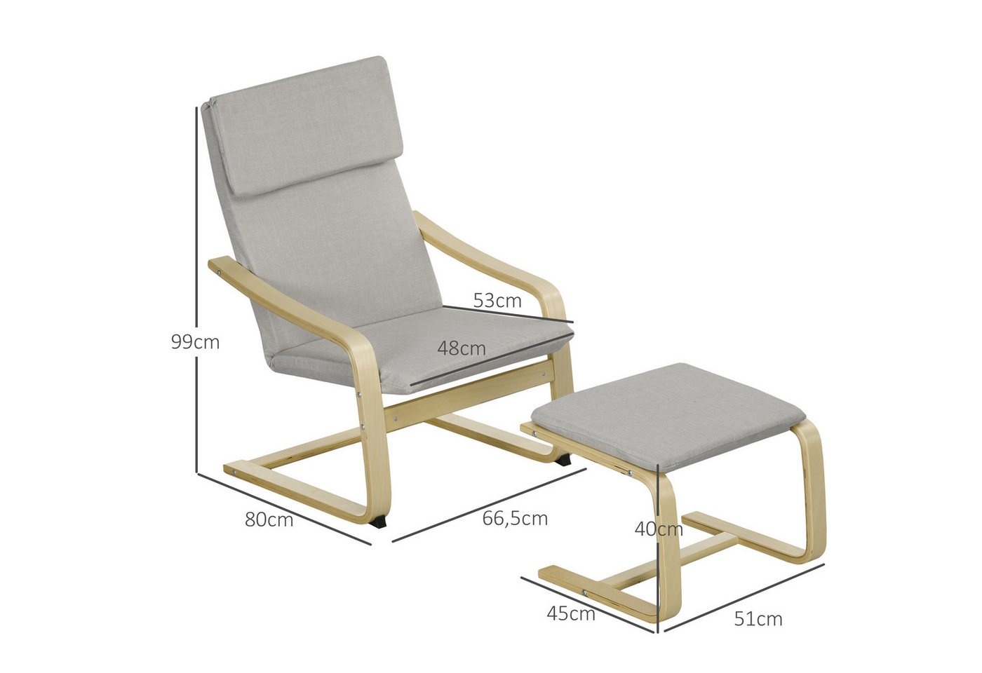 HOMCOM Relaxsessel Relaxsessel Sessel Loungesessel mit Hocker mit Leinenoptik hellgrau (Lesesessel, 2-St., Ruhesessel), für Garten, Balkon, Hellgrau – Bild 3 von 5