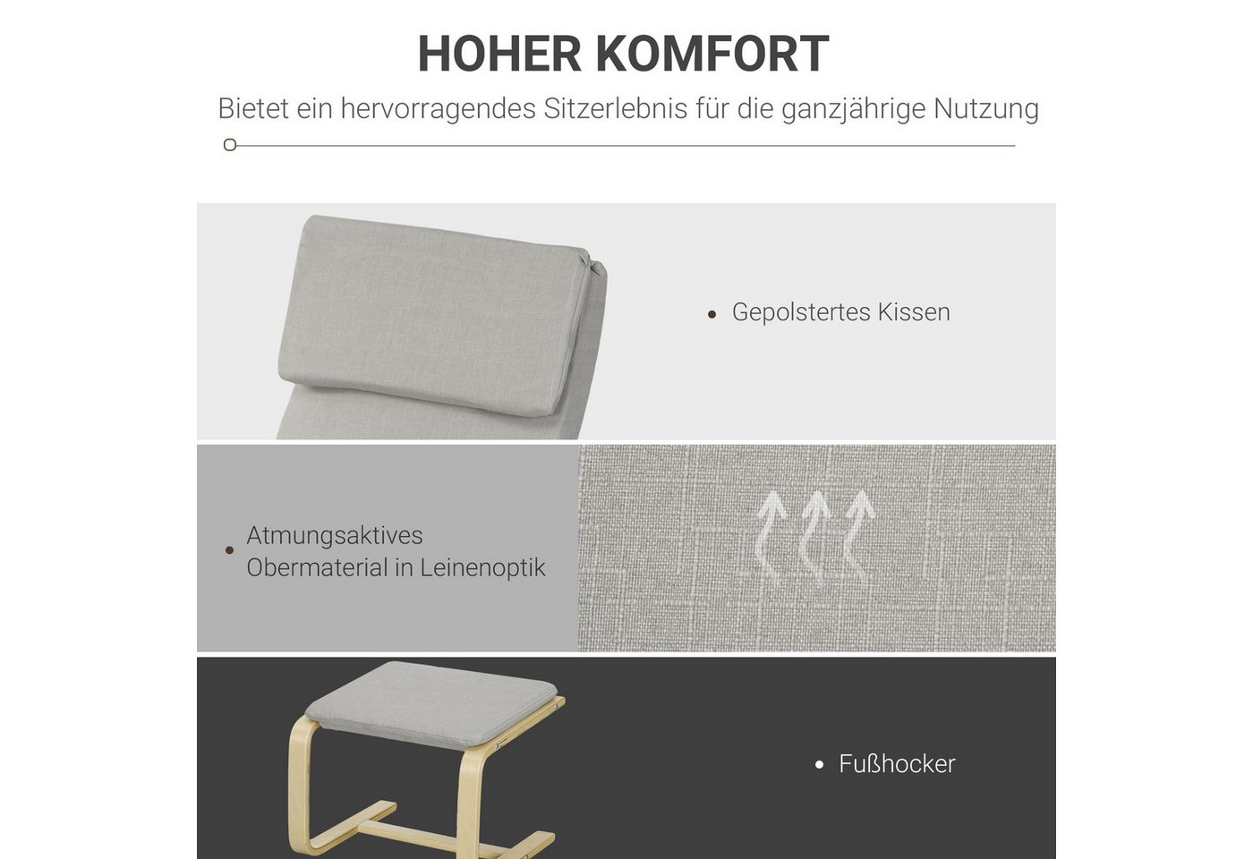 HOMCOM Relaxsessel Relaxsessel Sessel Loungesessel mit Hocker mit Leinenoptik hellgrau (Lesesessel, 2-St., Ruhesessel), für Garten, Balkon, Hellgrau – Bild 4 von 5