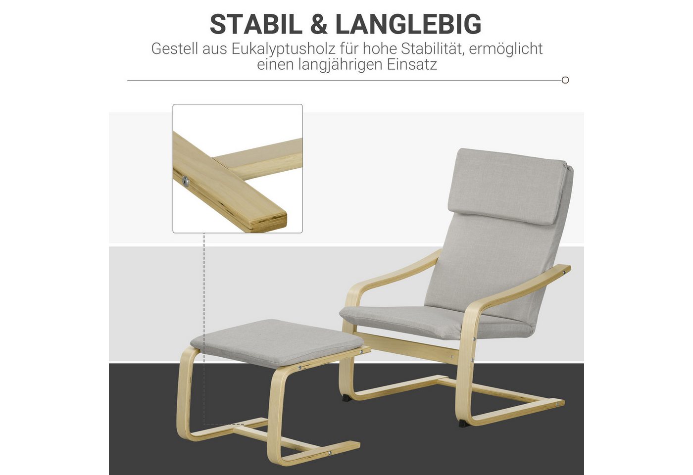 HOMCOM Relaxsessel Relaxsessel Sessel Loungesessel mit Hocker mit Leinenoptik hellgrau (Lesesessel, 2-St., Ruhesessel), für Garten, Balkon, Hellgrau – Bild 5 von 5