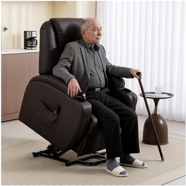 HOMCOM Relaxsessel Sessel mit Aufstehhilfe, Aufstehsessel mit Getränkehalter (Fernsehsessel, 1-St., Gepolstert TV-Sessel), mit Aufsteh-Funktion, Kaffee-Braun
